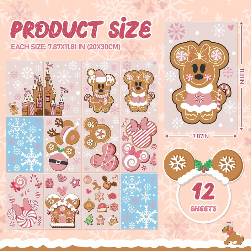 MAXDUCK Christmas Gingerbread Window Cling Decorations - 12 Sheets Pink Double-Sided Christmas Gingerbread Sticker for Window Decor, Mouse, Castle, Snowflake Stickers for Indoor Office Home Decor - Image 4